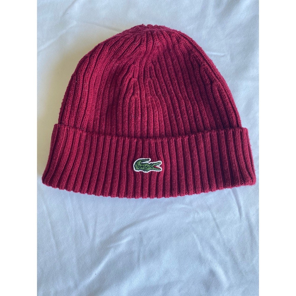 Lacoste Unisex 100% Wool Ribbed Knit Preppy Beanie One Size Burgundy